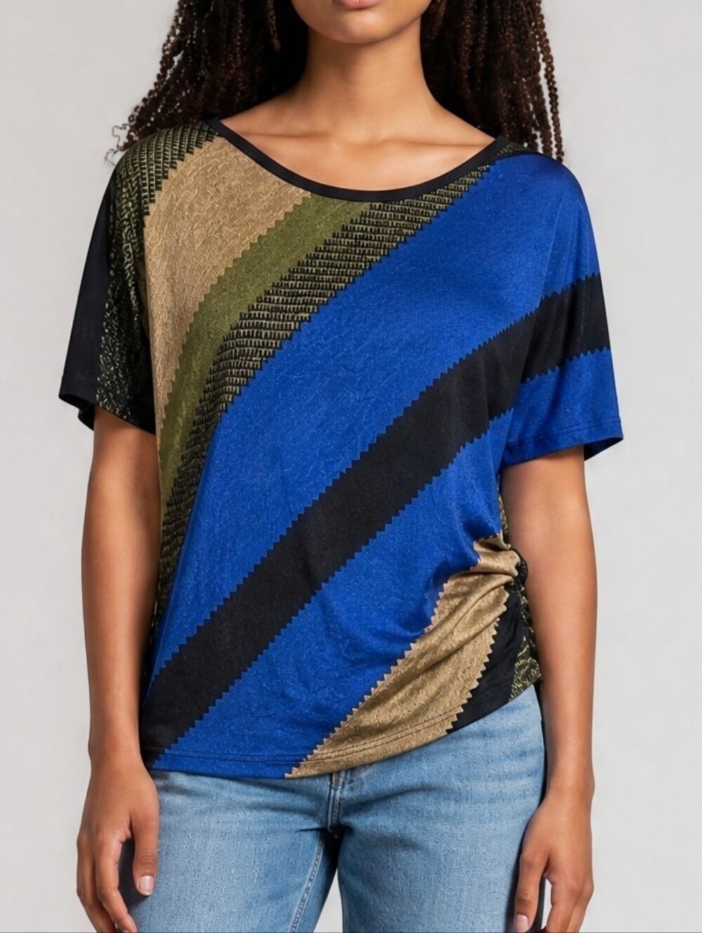 Lavish Royal Blue, Black & Tan Diagonal Stripe Short Sleeve Tee